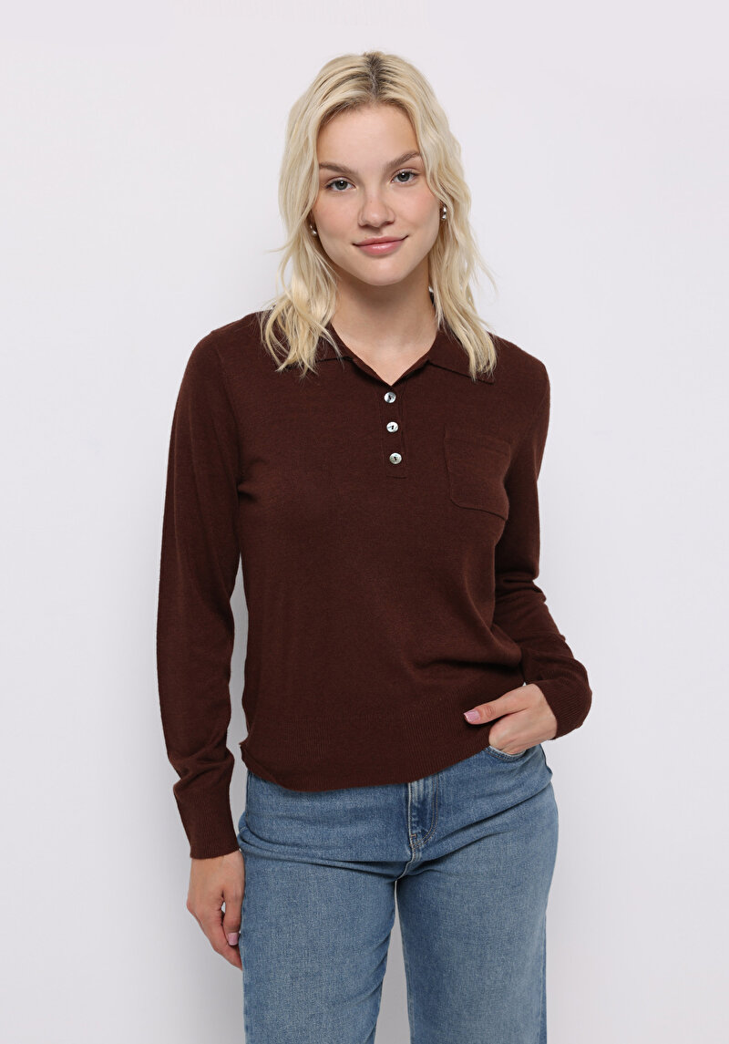 Slim Fit Polo Yaka Düz Kadın Kahverengi Kazak