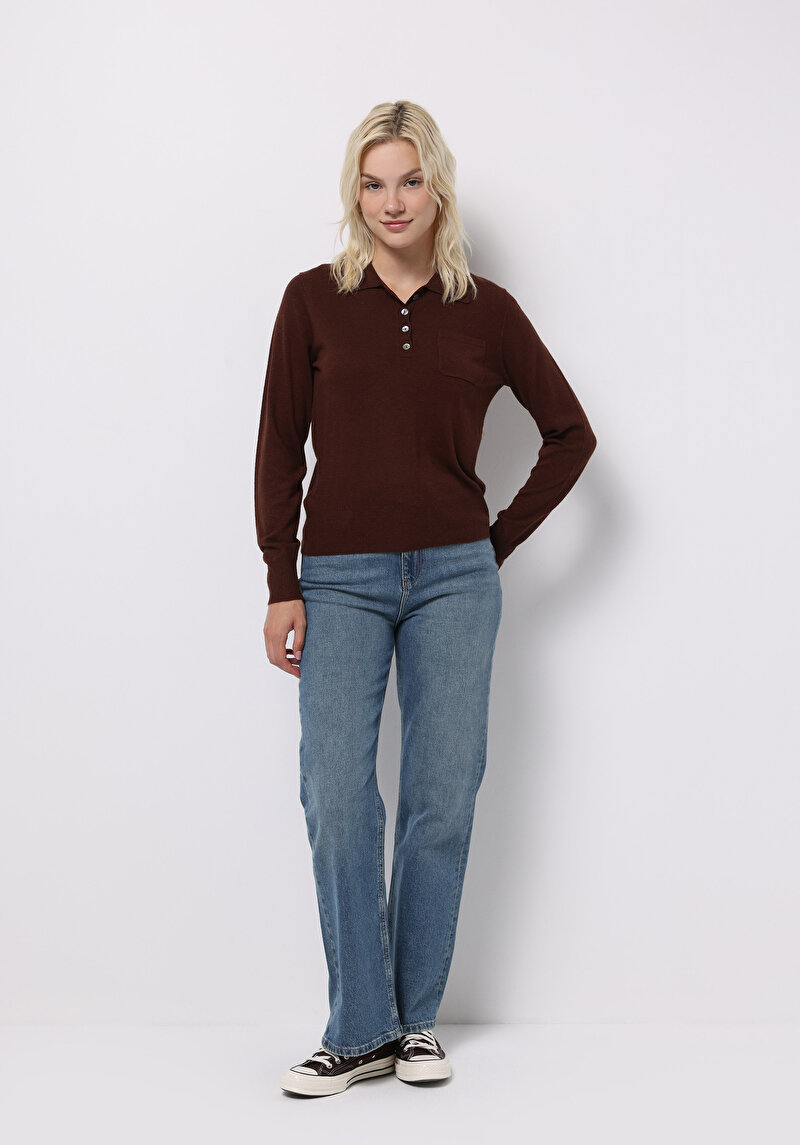Slim Fit Polo Yaka Düz Kadın Kahverengi Kazak