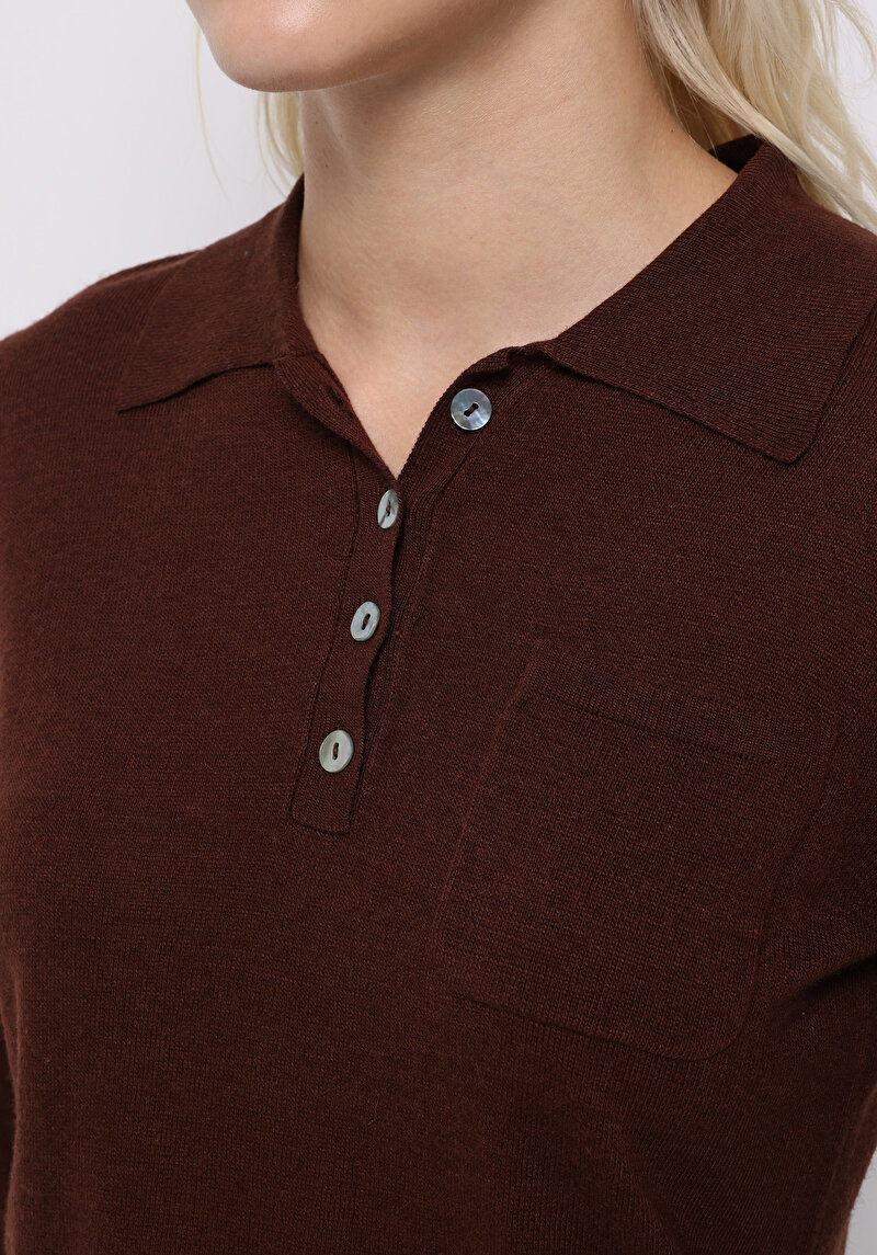 Slim Fit Polo Yaka Düz Kadın Kahverengi Kazak