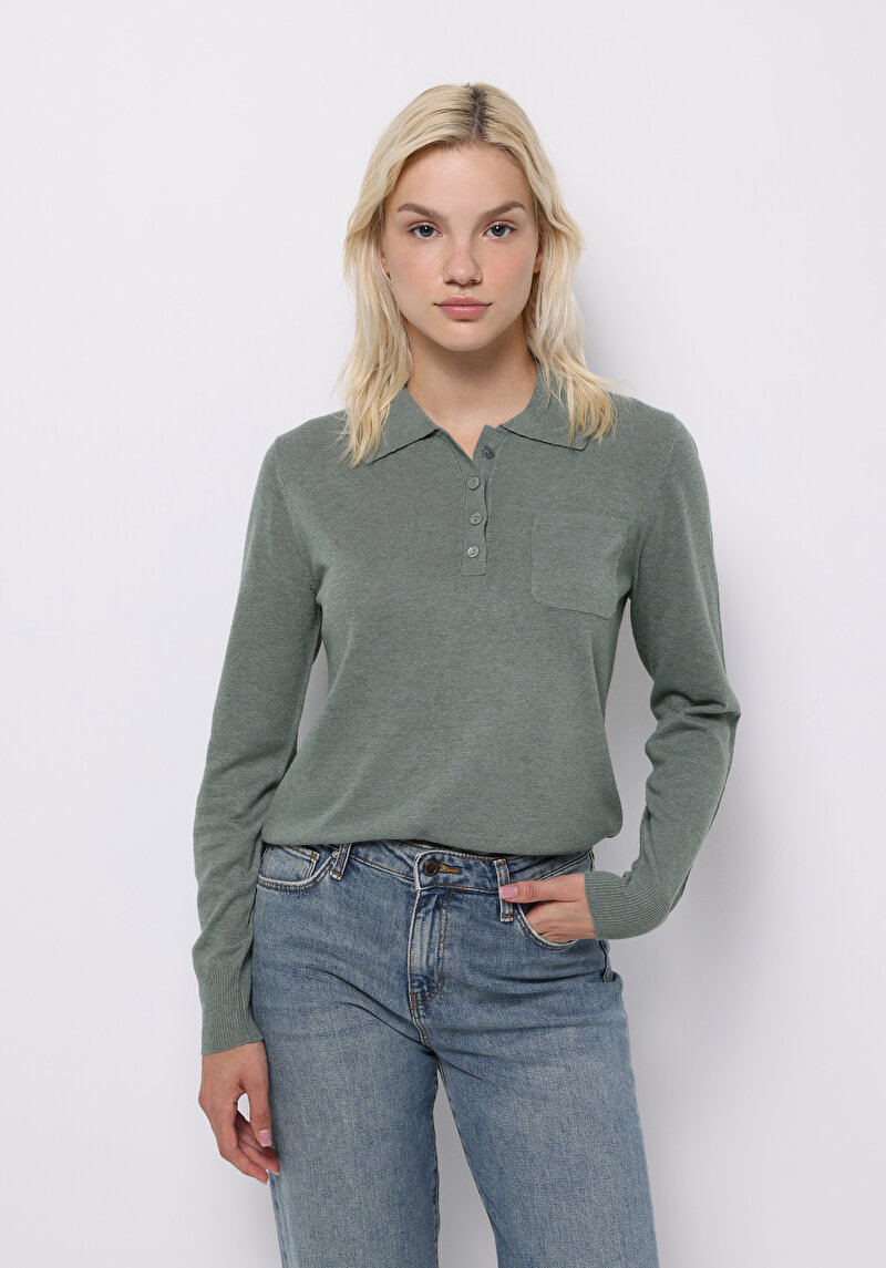 Slim Fit Polo Yaka Düz Kadın Yeşil Kazak