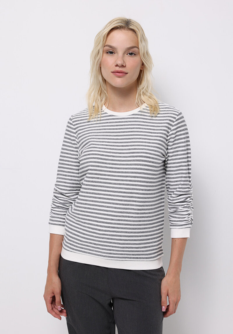 Regular Fit Yuvarlak Yaka Çizgili Kadın Beyaz ¾ Kol Tişört