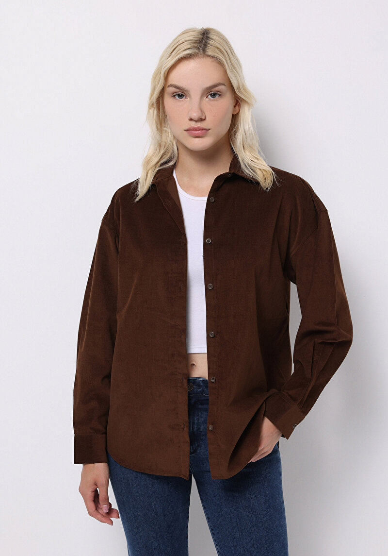 Regular Fit Shirt Neck Düz Kadın Kahverengi Uzun Kol Gömlek