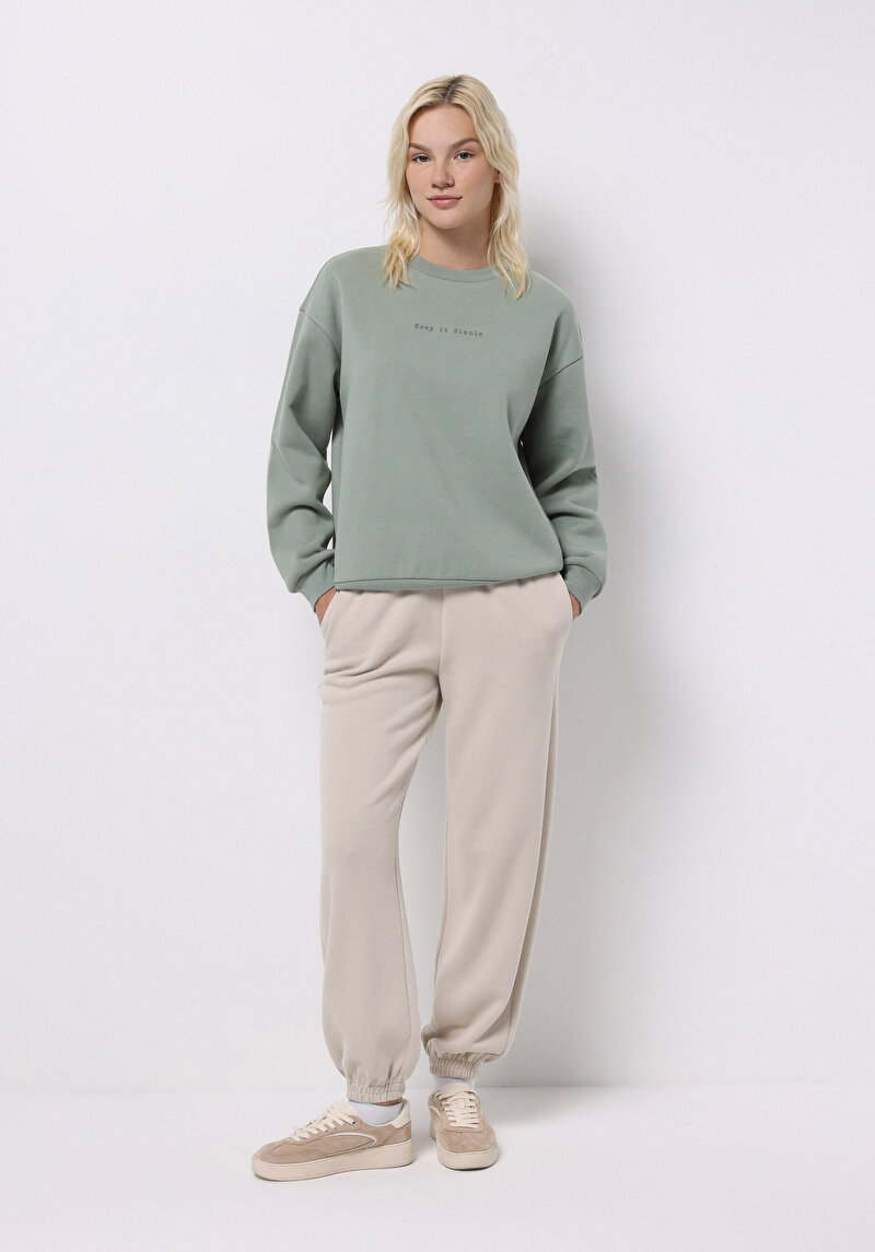 Regular Fit Yuvarlak Yaka Baskılı Kadın Yeşil Sweatshirt