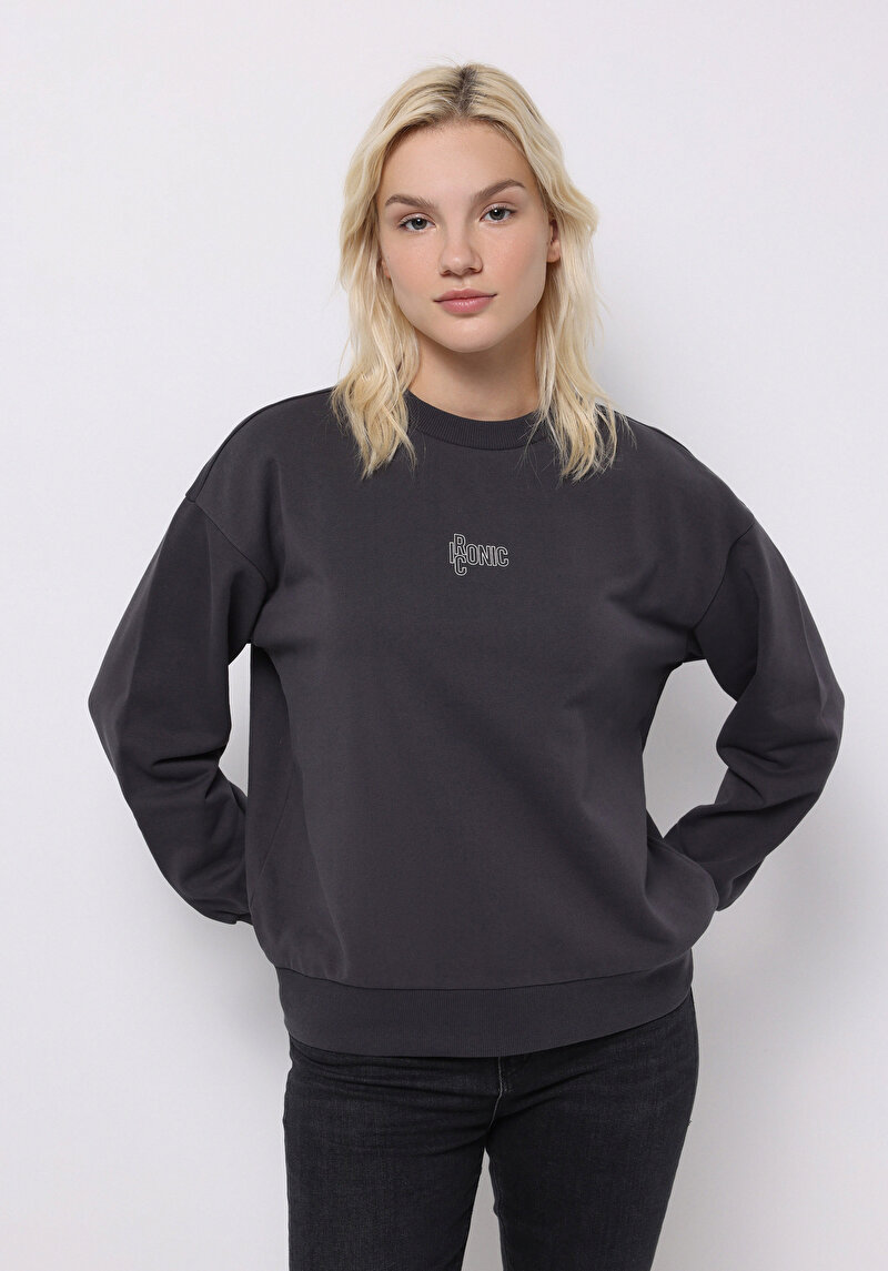 Regular Fit Yuvarlak Yaka Baskılı Kadın Antrasit Sweatshirt
