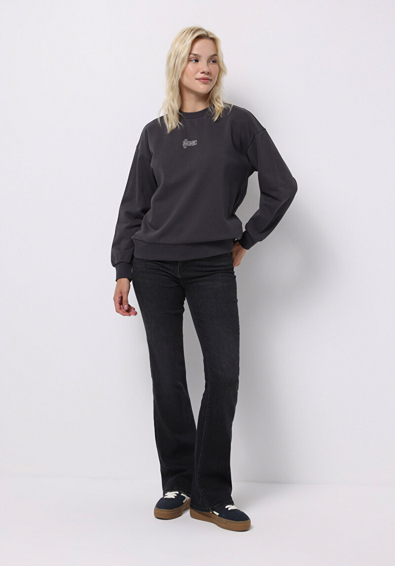 Regular Fit Yuvarlak Yaka Baskılı Kadın Antrasit Sweatshirt