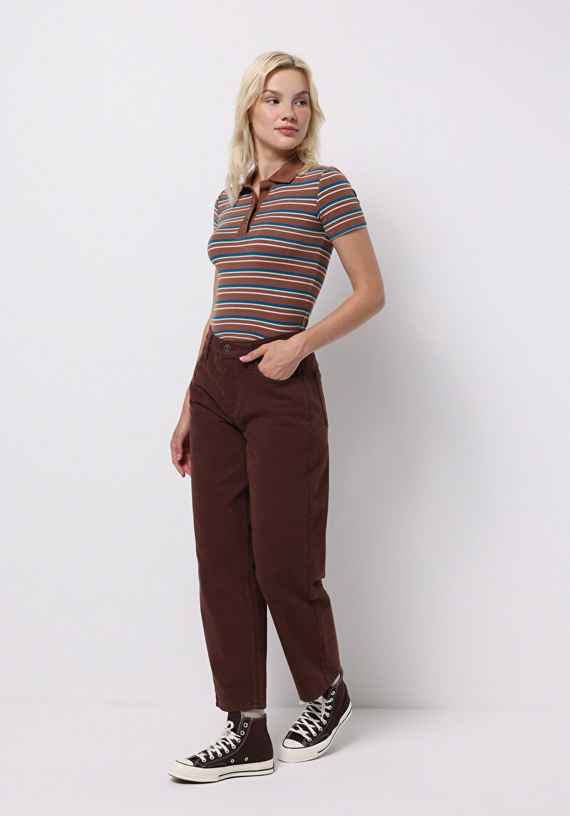 Barrel Fit Yüksel Bel Düz Paça Kadın Kahverengi Pantolon