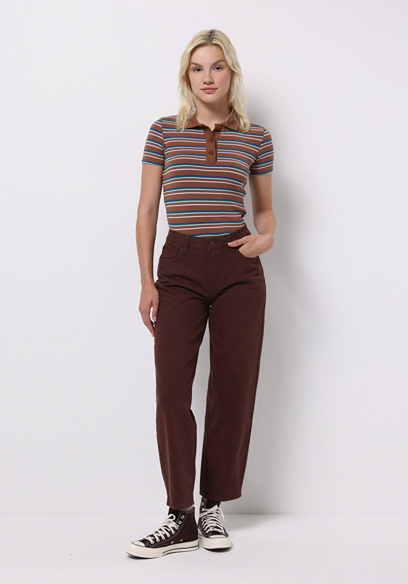 Barrel Fit Yüksel Bel Düz Paça Kadın Kahverengi Pantolon