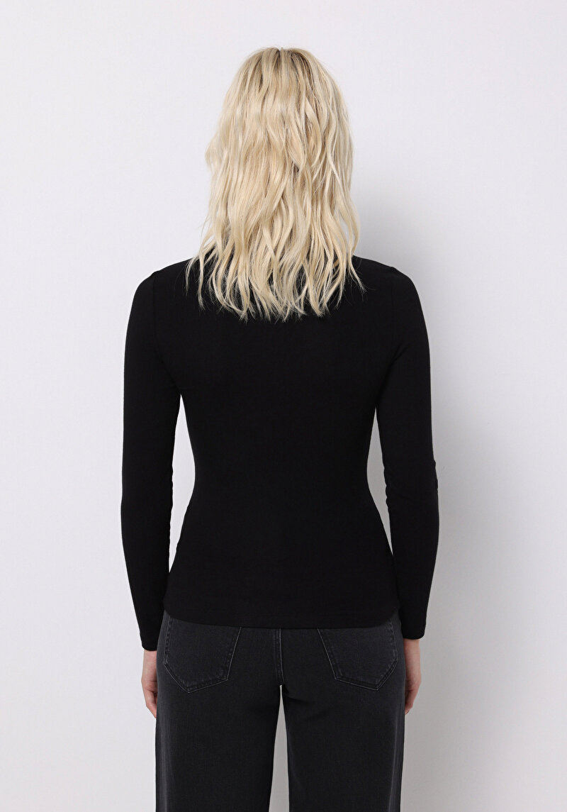 Slim Fit Balıkçı Yaka Düz Kadın Siyah Uzun Kol Tişört