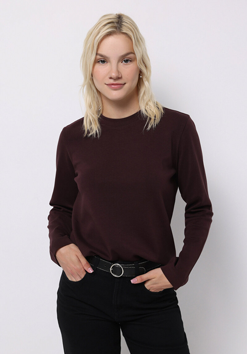 Regular Fit Yuvarlak Yaka Düz Kadın Mor Uzun Kol Tişört