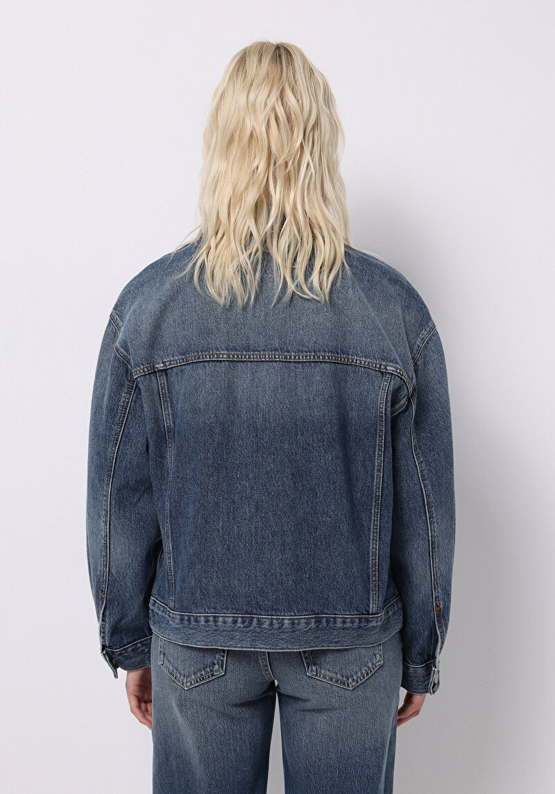 Oversize Fit Düğmeli Astarsız Kadın Mavi Ceket