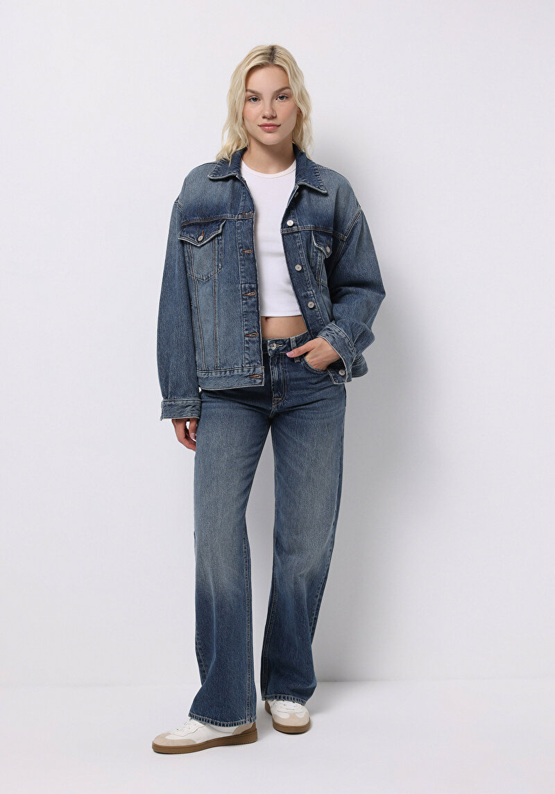 Oversize Fit Düğmeli Astarsız Kadın Mavi Ceket