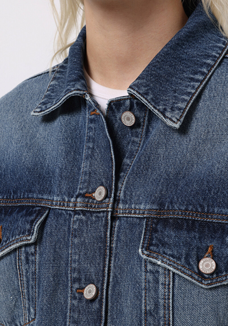 Oversize Fit Düğmeli Astarsız Kadın Mavi Ceket