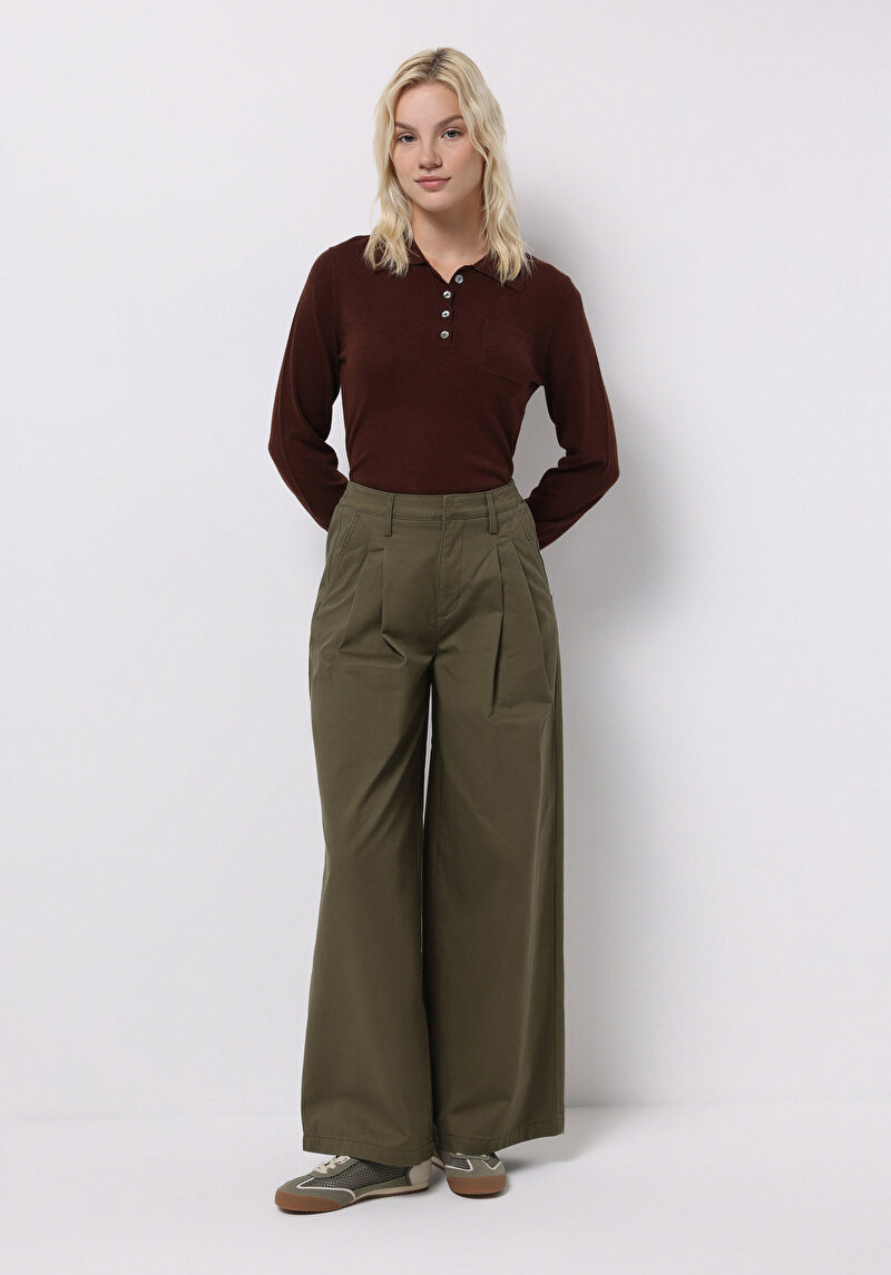 Regular Fit Orta Bel Geniş Paça Kadın Yeşil Pantolon