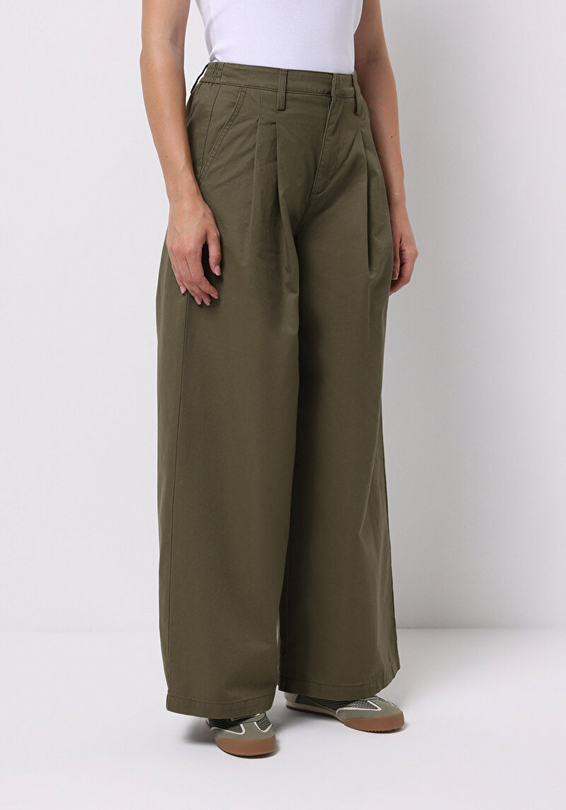 Regular Fit Orta Bel Geniş Paça Kadın Yeşil Pantolon