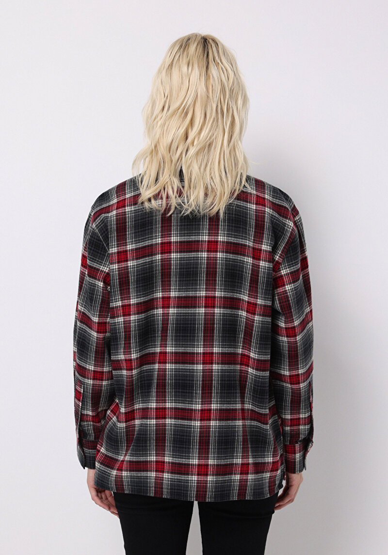 Regular Fit Shirt Neck Ekoseli Kadın Bordo Uzun Kol Gömlek