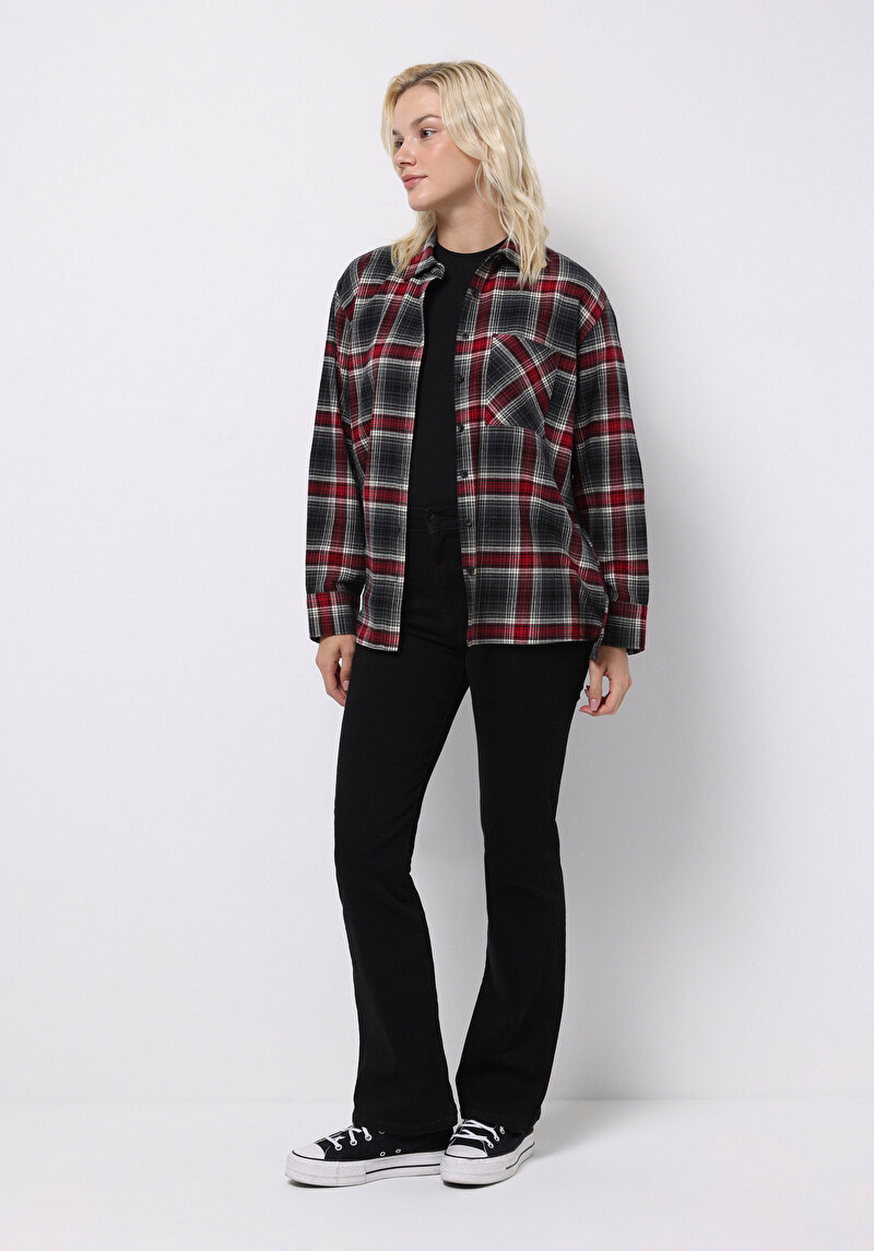 Regular Fit Shirt Neck Ekoseli Kadın Bordo Uzun Kol Gömlek