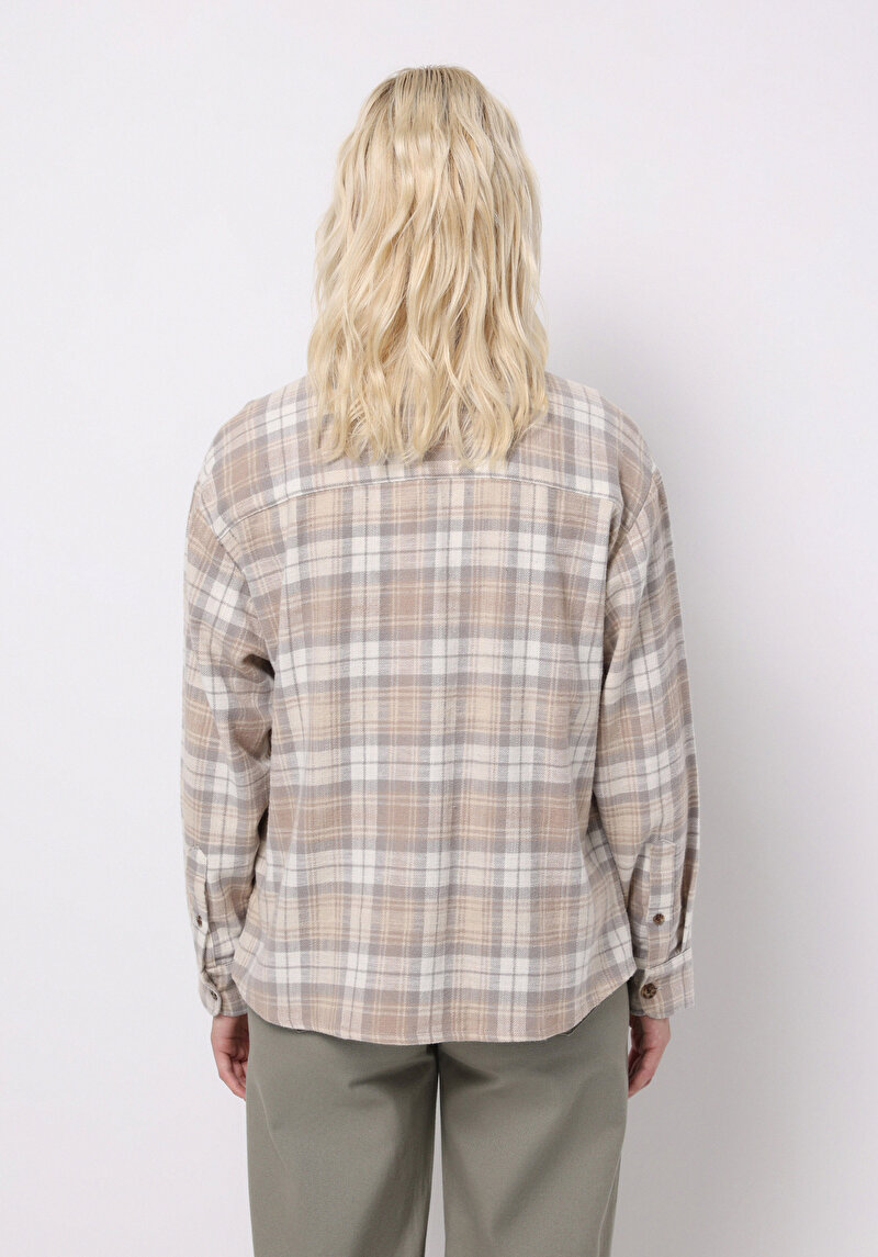 Regular Fit Shirt Neck Ekoseli Kadın Bej Uzun Kol Gömlek