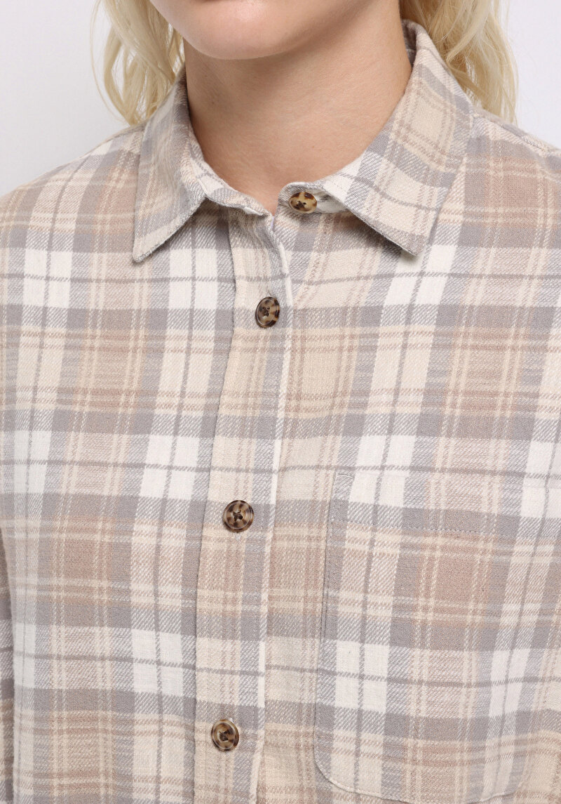 Regular Fit Shirt Neck Ekoseli Kadın Bej Uzun Kol Gömlek