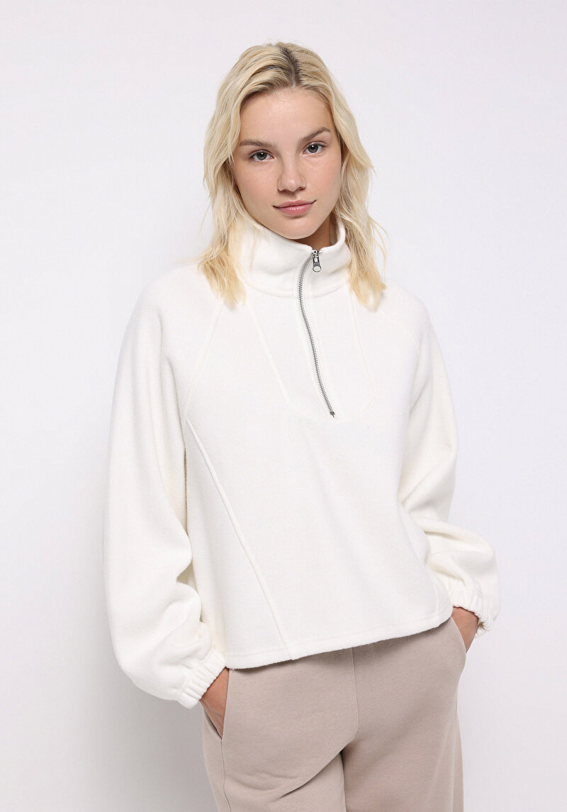 Relax Fit Fermuarlı Düz Kadın Ekru Sweatshirt