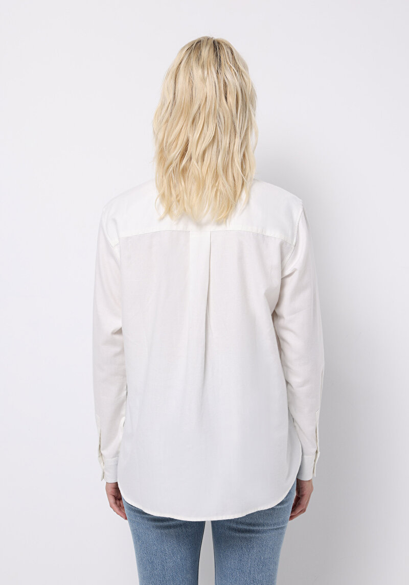 Regular Fit Shirt Neck Düz Kadın Beyaz Uzun Kol Gömlek