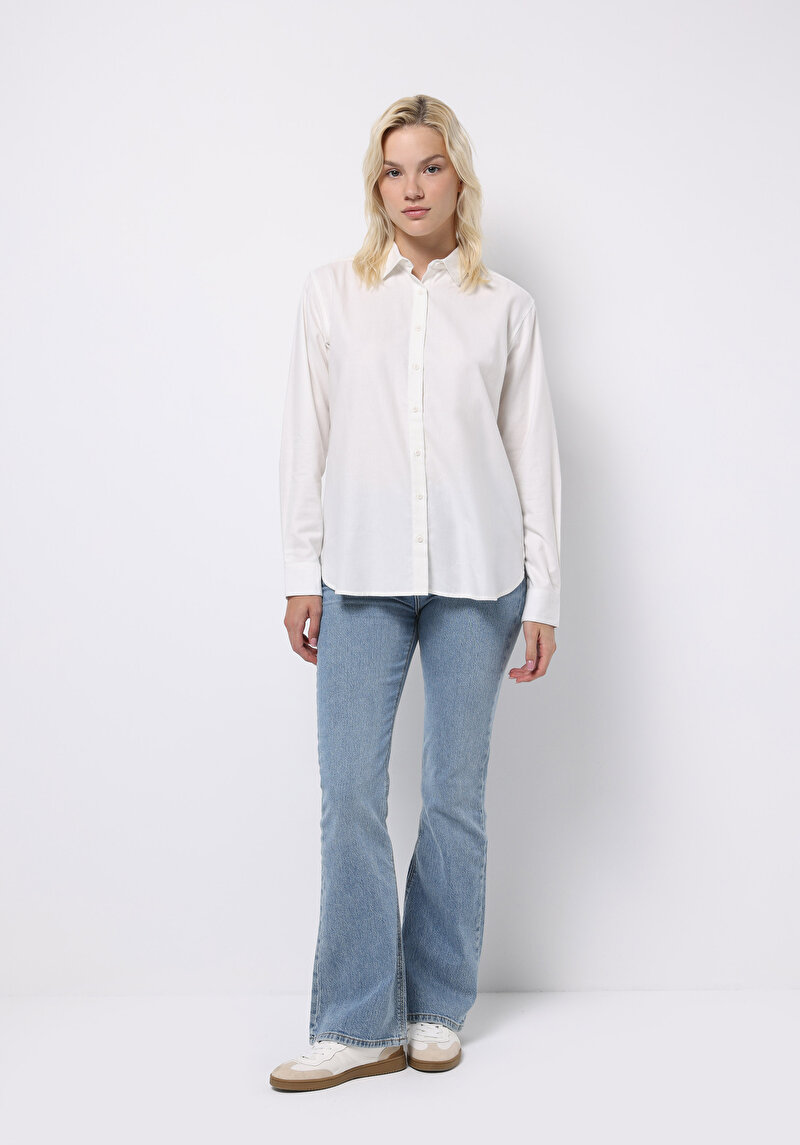 Regular Fit Shirt Neck Düz Kadın Beyaz Uzun Kol Gömlek