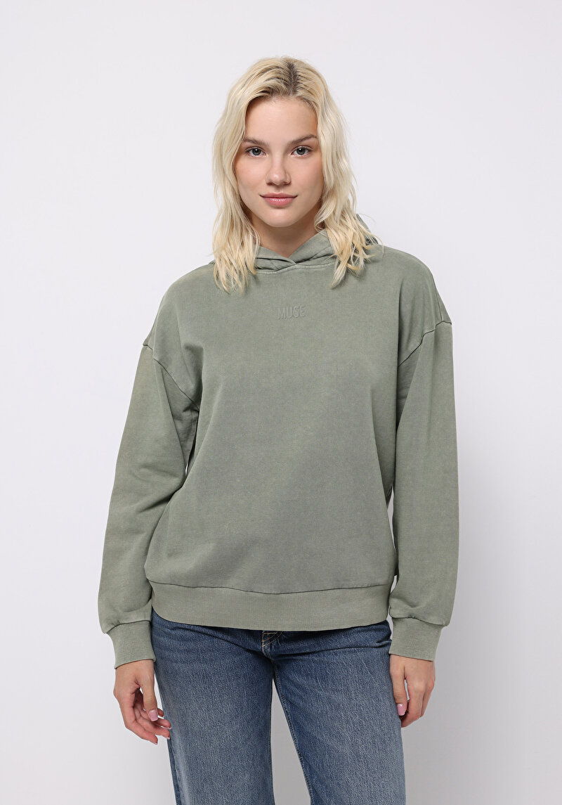 Regular Fit Kapüşonlu Baskılı Kadın Yeşil Sweatshirt