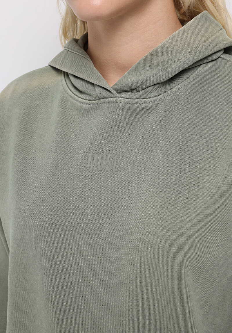 Regular Fit Kapüşonlu Baskılı Kadın Yeşil Sweatshirt