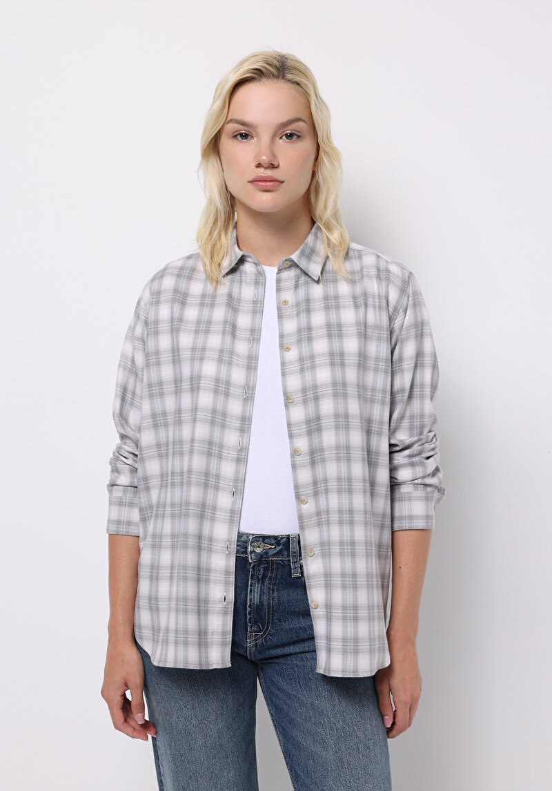 Regular Fit Shirt Neck Ekoseli Kadın Mavi Uzun Kol Gömlek