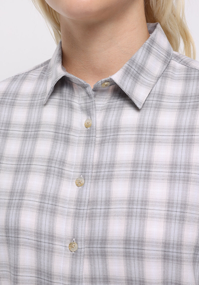 Regular Fit Shirt Neck Ekoseli Kadın Mavi Uzun Kol Gömlek
