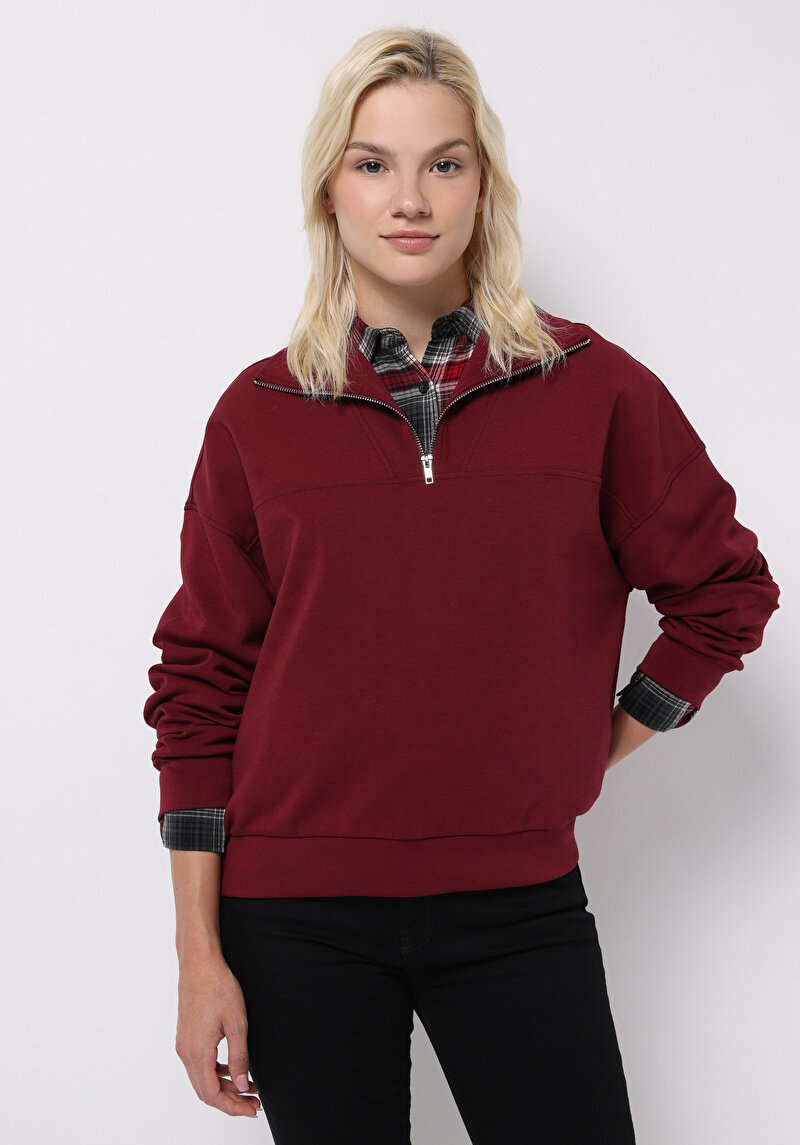 Regular Fit Fermuarlı Düz Kadın Bordo Sweatshirt