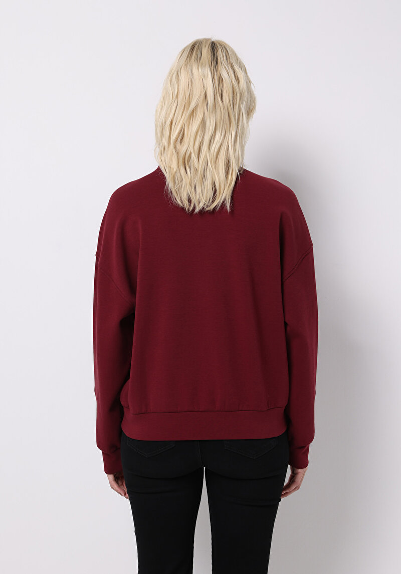 Regular Fit Fermuarlı Düz Kadın Bordo Sweatshirt