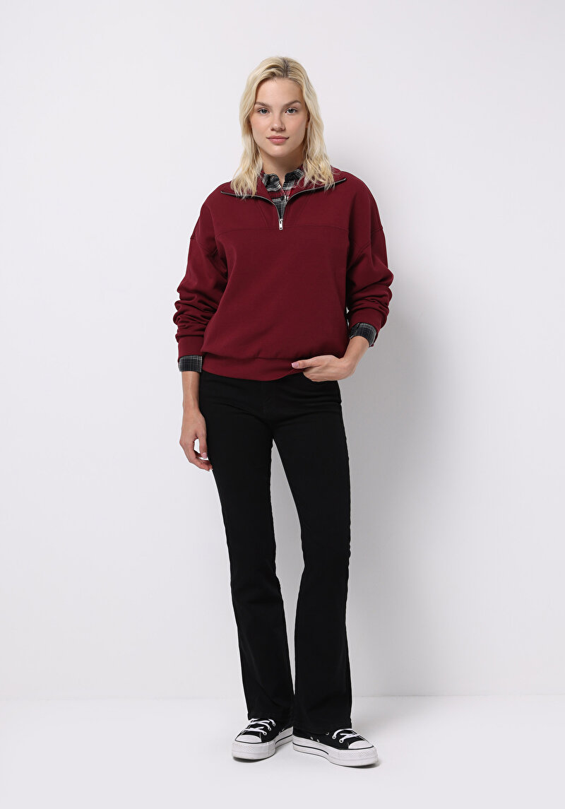 Regular Fit Fermuarlı Düz Kadın Bordo Sweatshirt