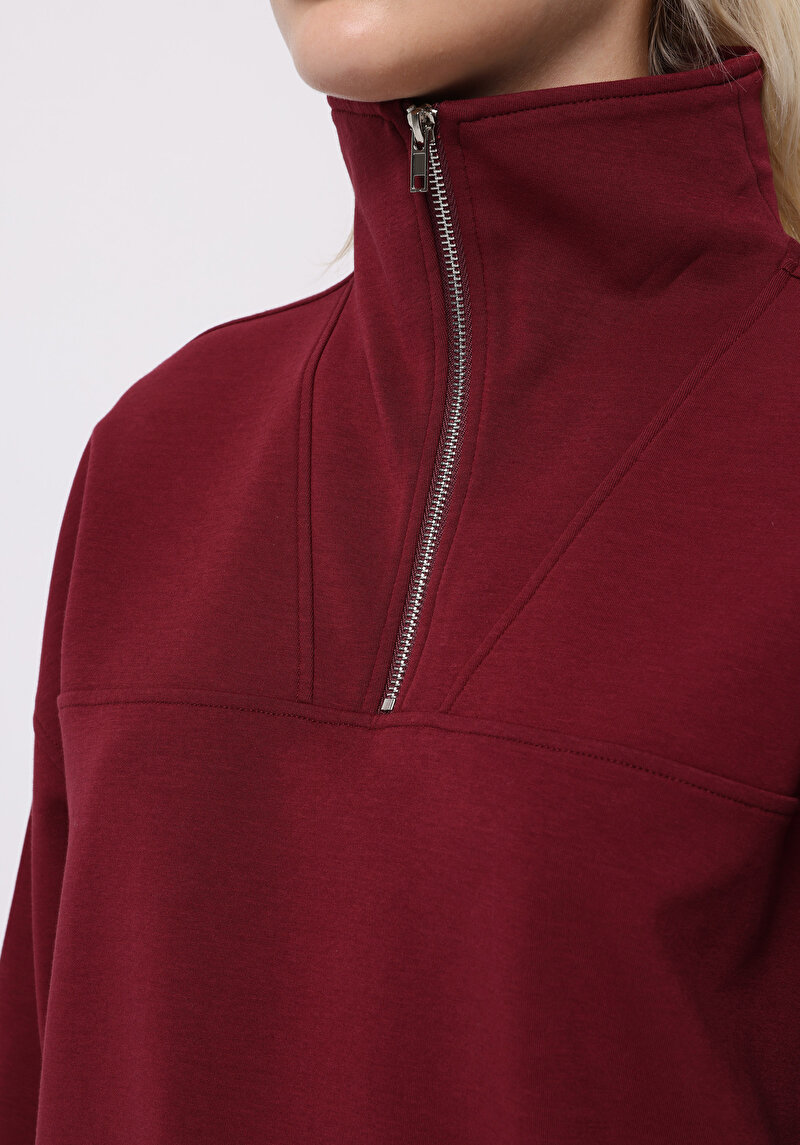 Regular Fit Fermuarlı Düz Kadın Bordo Sweatshirt