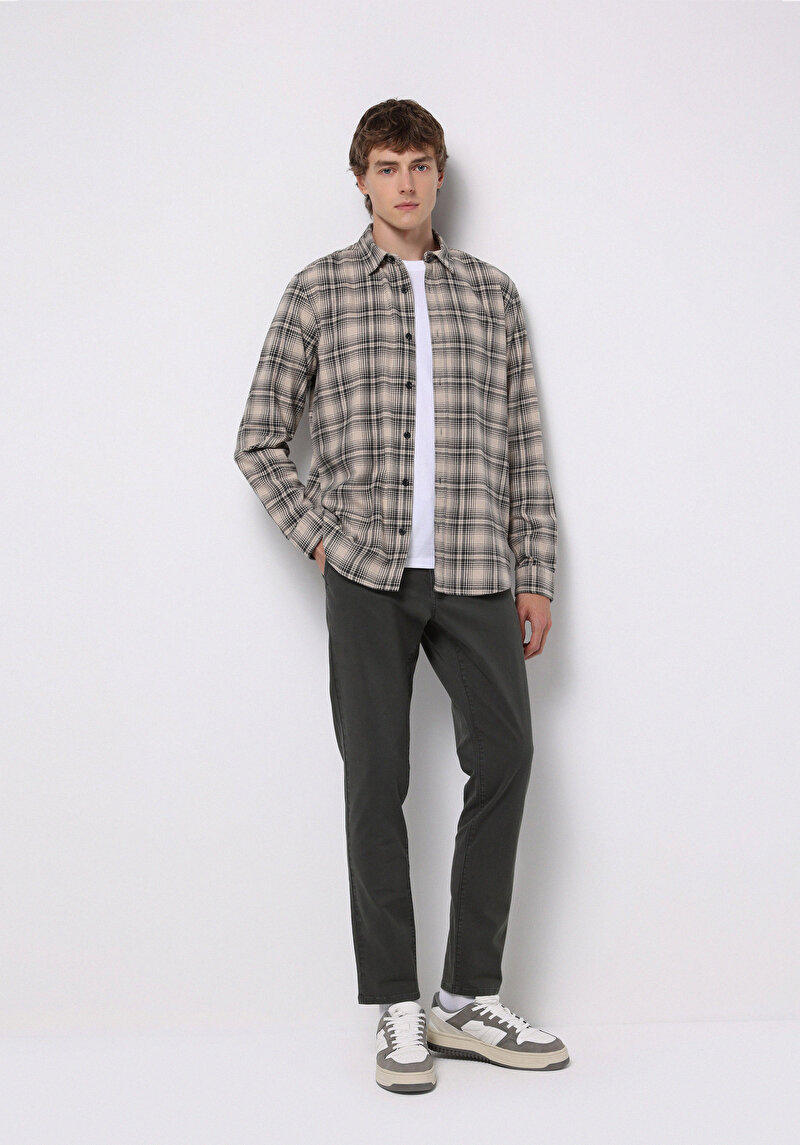 Regular Fit Shirt Neck Ekoseli Erkek Bej Uzun Kol Gömlek