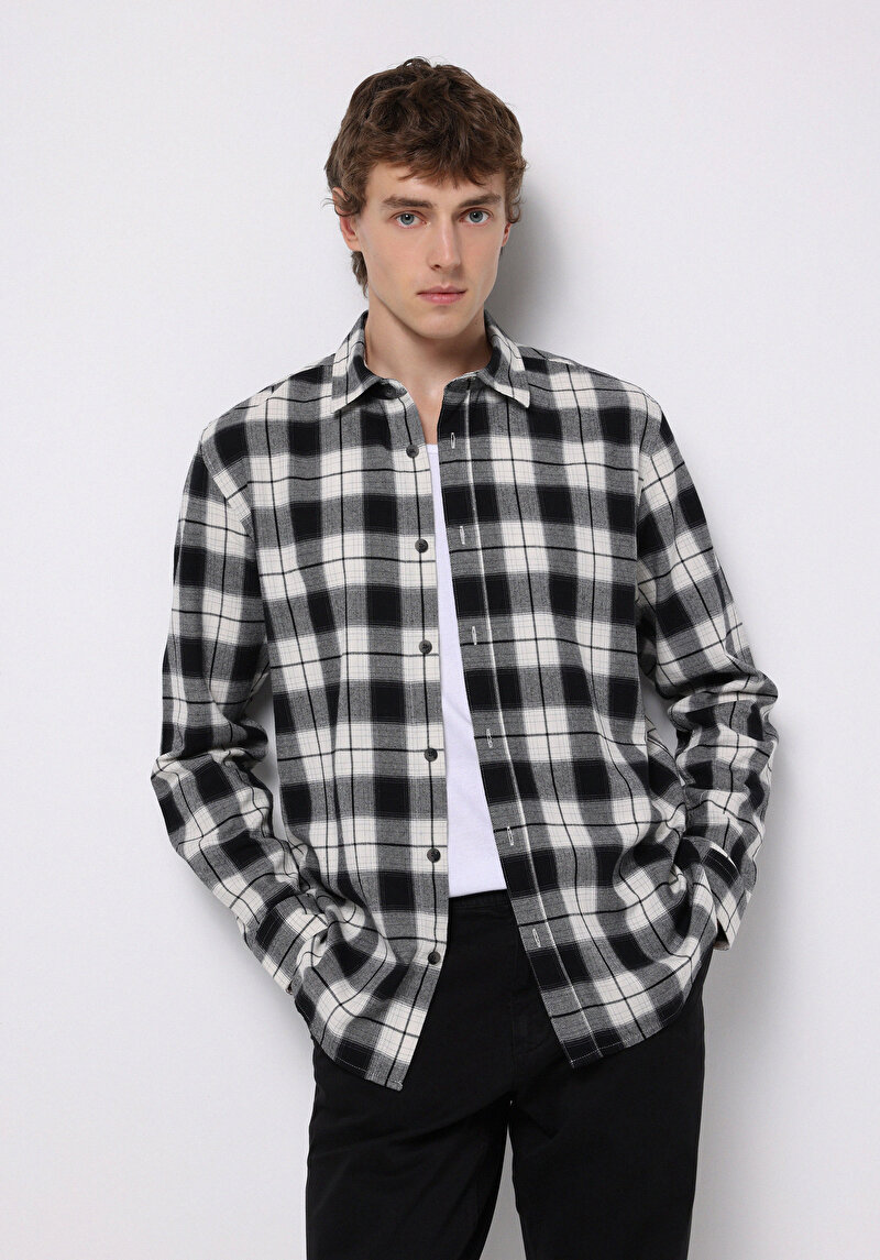 Regular Fit Shirt Neck Ekoseli Erkek Siyah Uzun Kol Gömlek