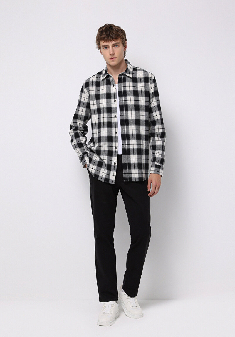 Regular Fit Shirt Neck Ekoseli Erkek Siyah Uzun Kol Gömlek