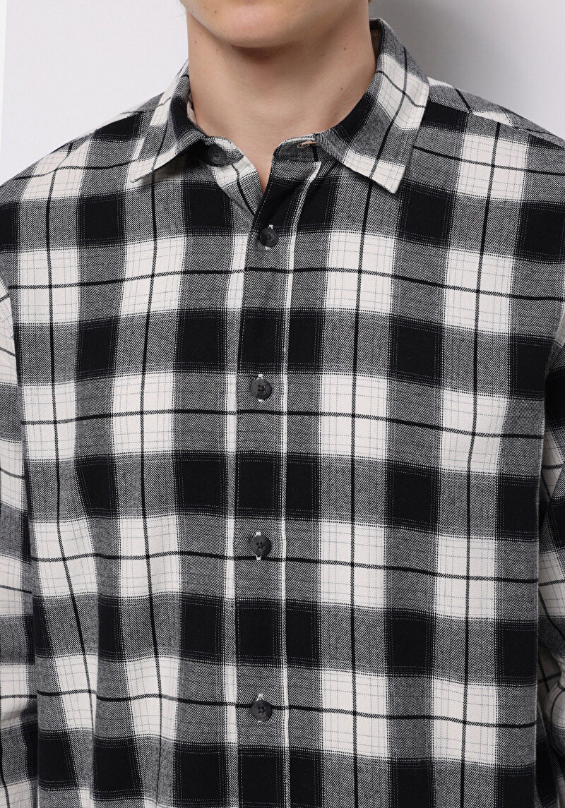 Regular Fit Shirt Neck Ekoseli Erkek Siyah Uzun Kol Gömlek