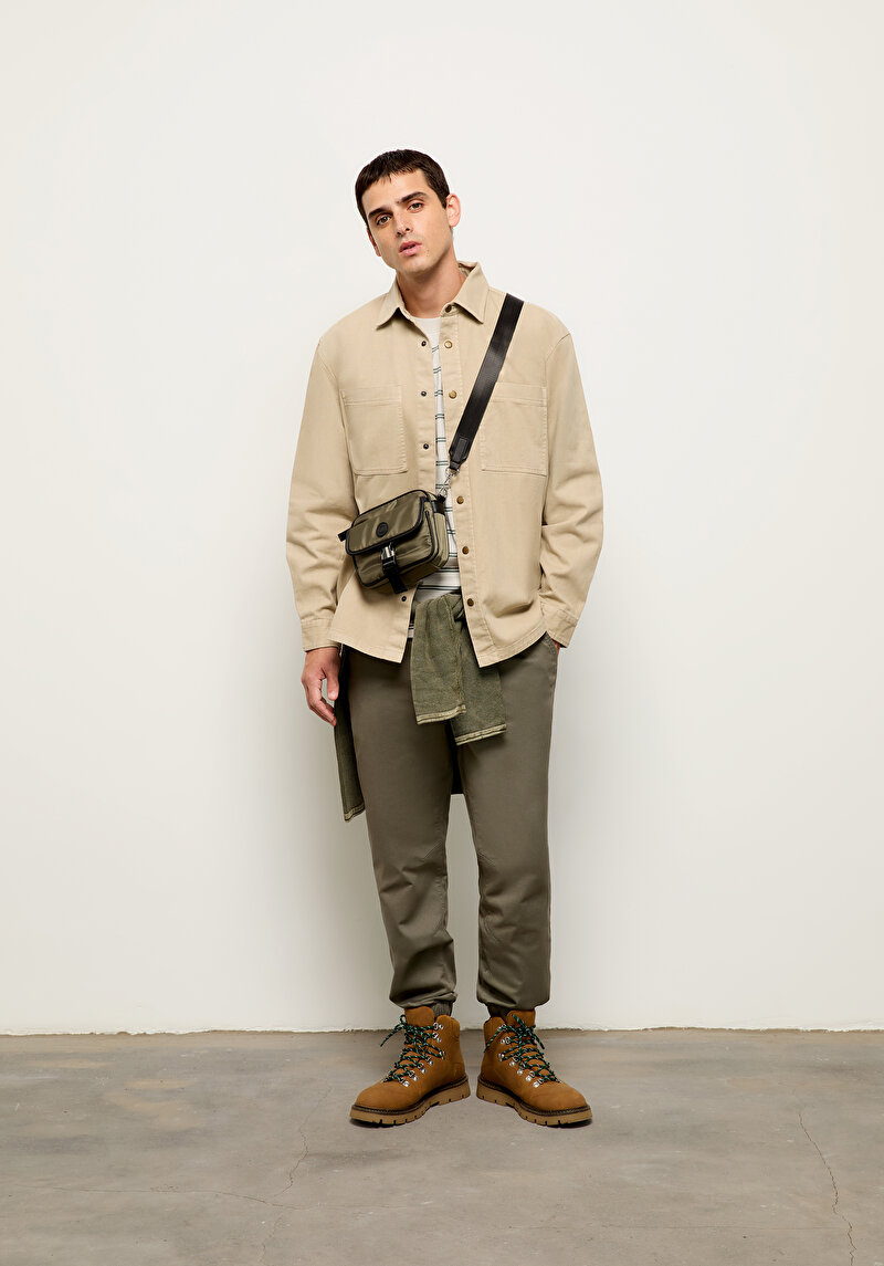 Comfort Fit Shirt Neck Düz Erkek Bej Shacket