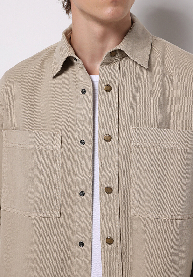 Comfort Fit Shirt Neck Düz Erkek Bej Shacket