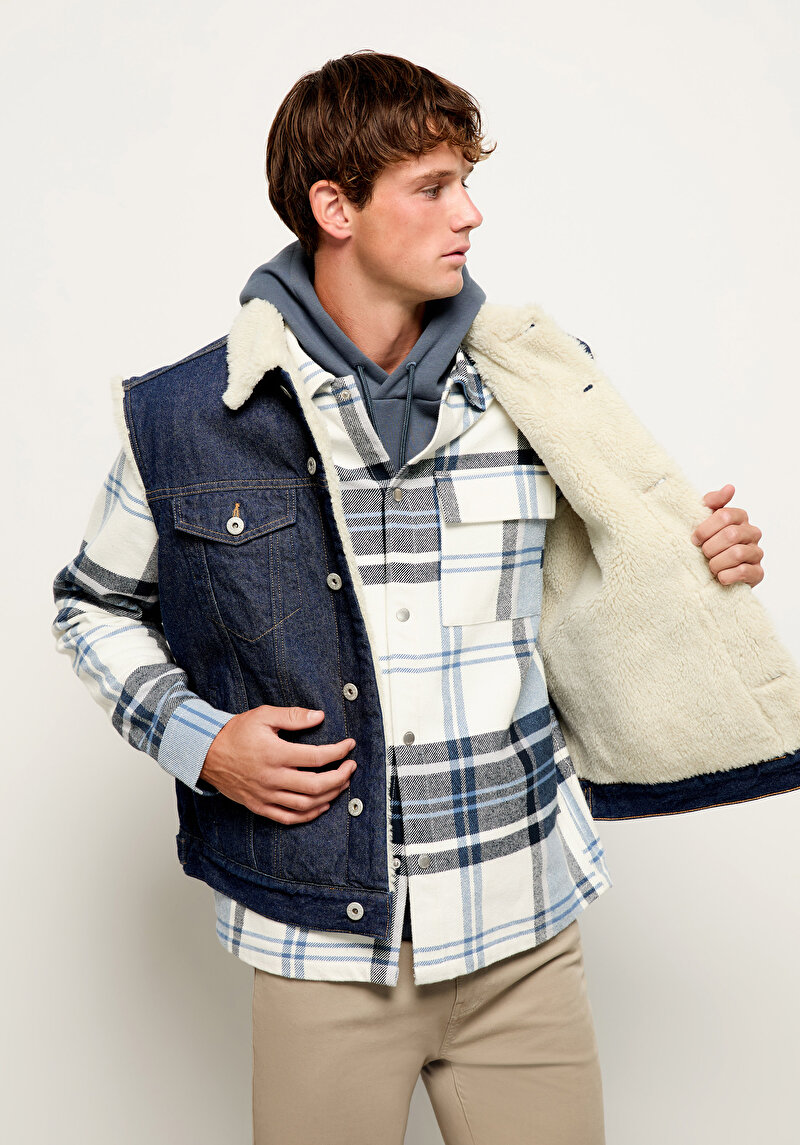 Comfort Fit Shirt Neck Ekoseli Erkek Mavi Shacket