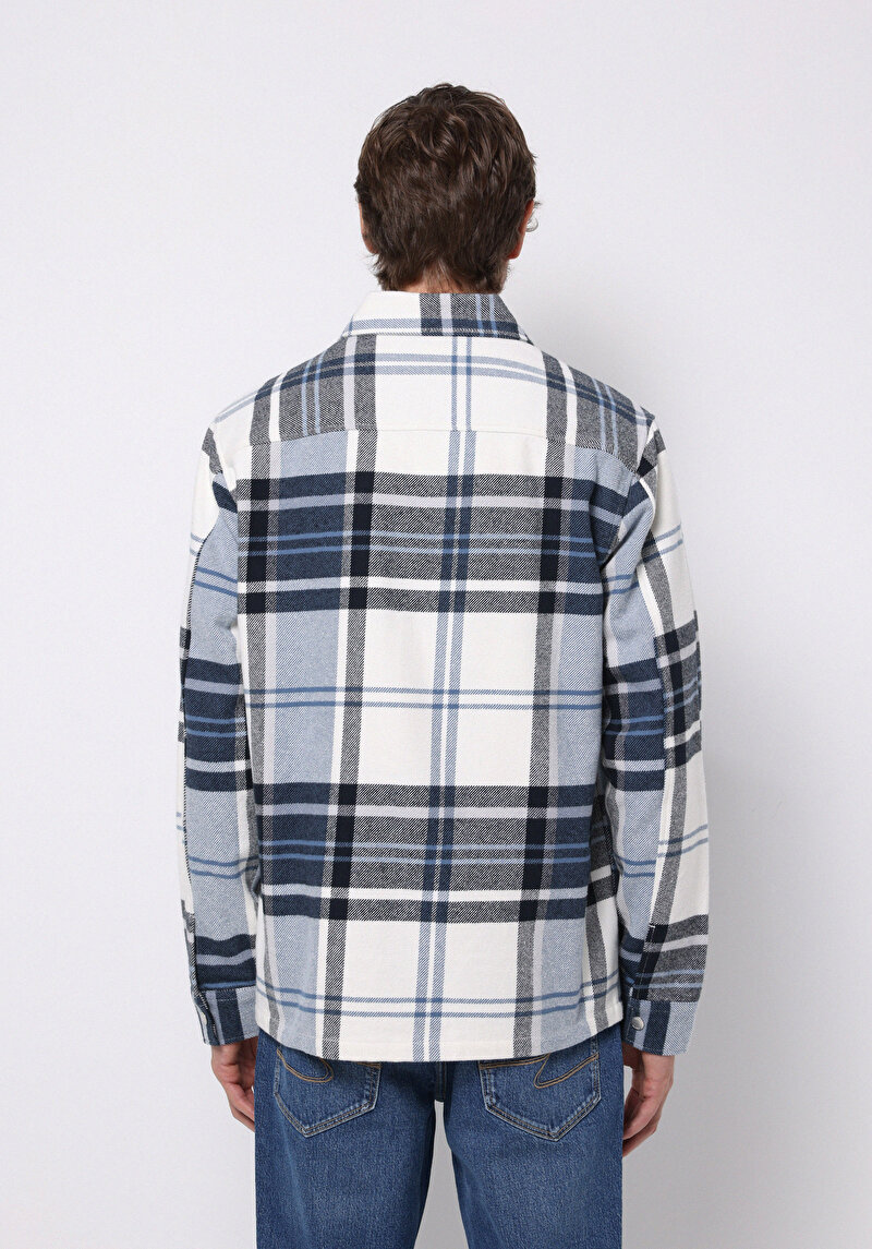 Comfort Fit Shirt Neck Ekoseli Erkek Mavi Shacket