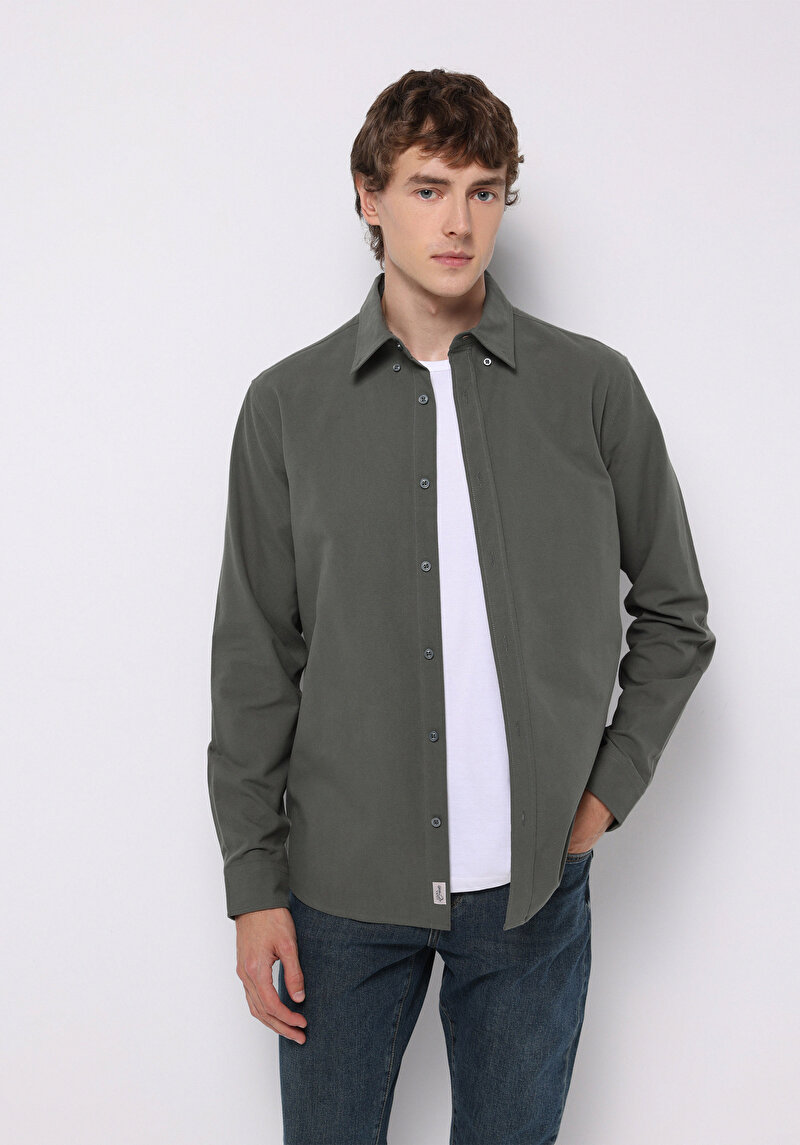 Regular Fit Shirt Neck Düz Erkek Yeşil Uzun Kol Gömlek