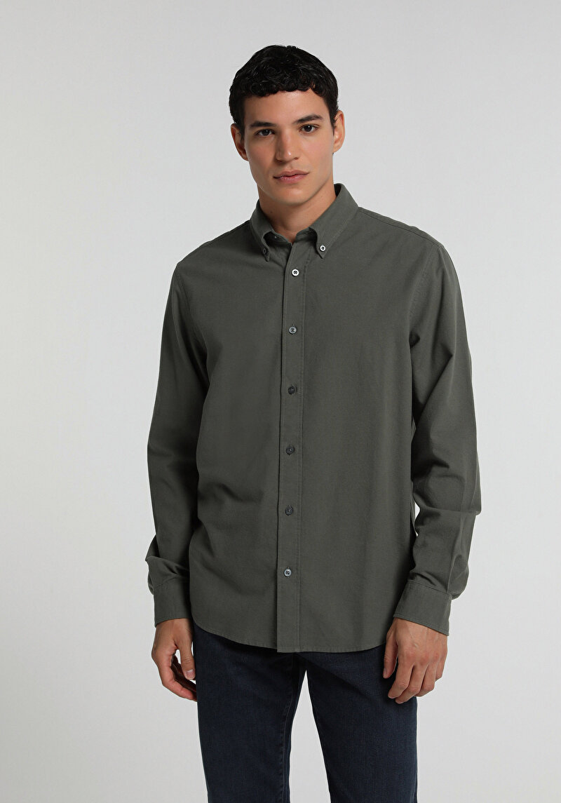 Regular Fit Shirt Neck Düz Erkek Yeşil Uzun Kol Gömlek