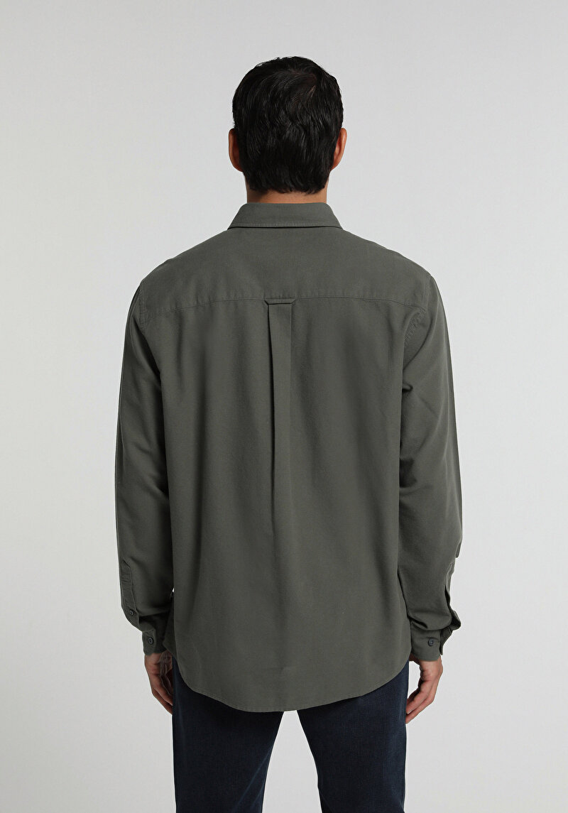 Regular Fit Shirt Neck Düz Erkek Yeşil Uzun Kol Gömlek