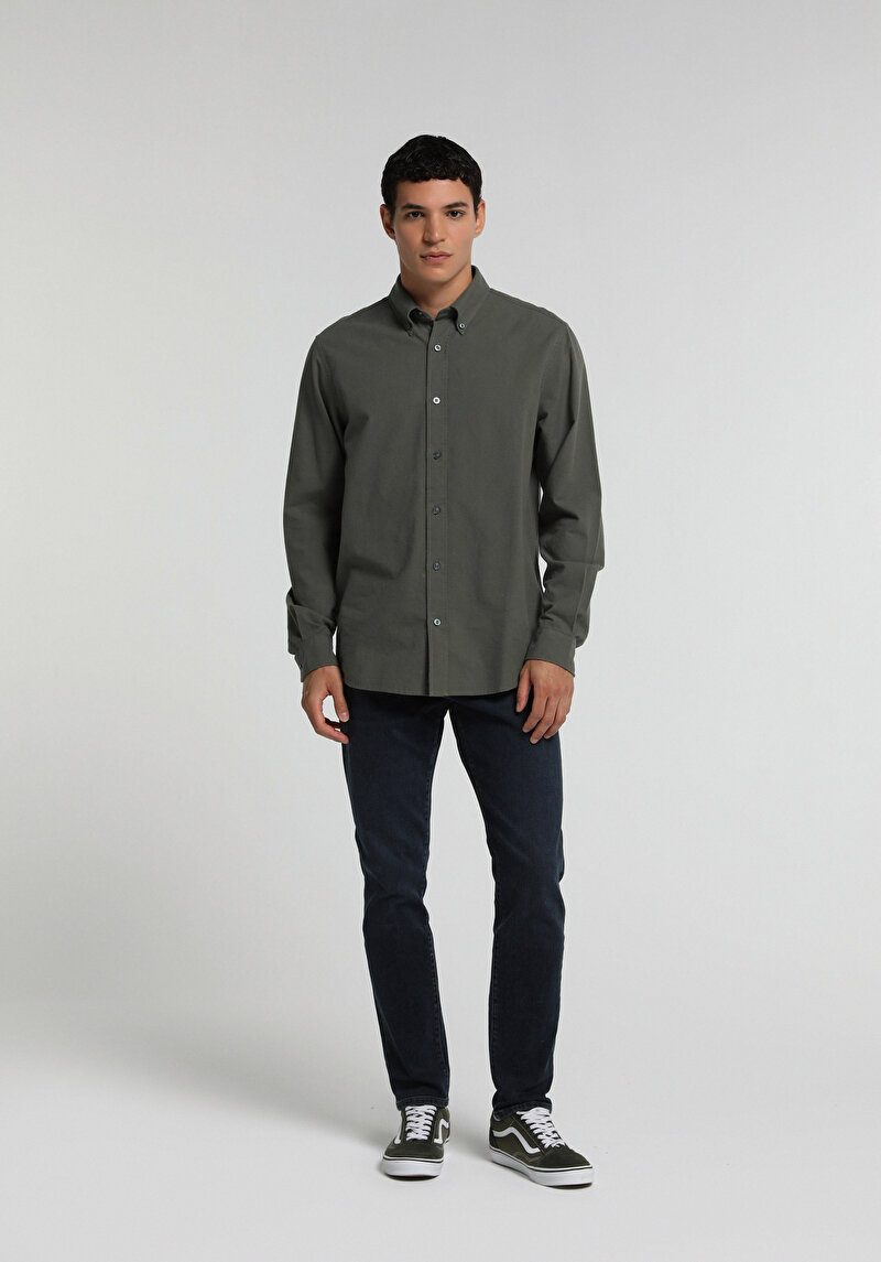 Regular Fit Shirt Neck Düz Erkek Yeşil Uzun Kol Gömlek