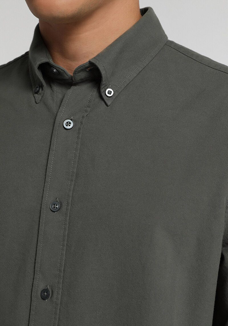 Regular Fit Shirt Neck Düz Erkek Yeşil Uzun Kol Gömlek