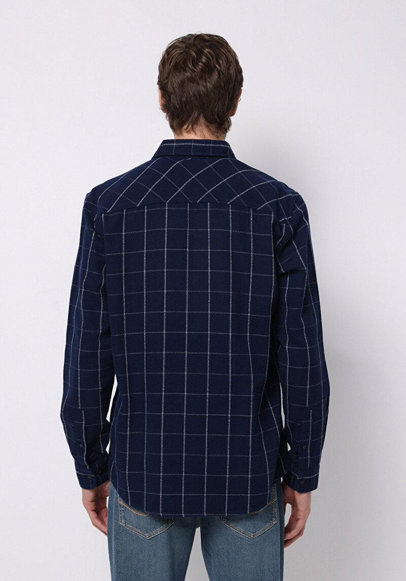 Regular Fit Shirt Neck Kareli Erkek Lacivert Uzun Kol Gömlek