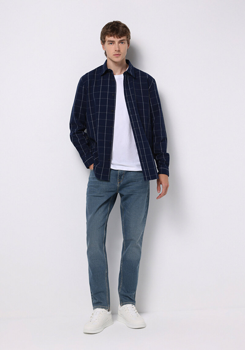 Regular Fit Shirt Neck Kareli Erkek Lacivert Uzun Kol Gömlek