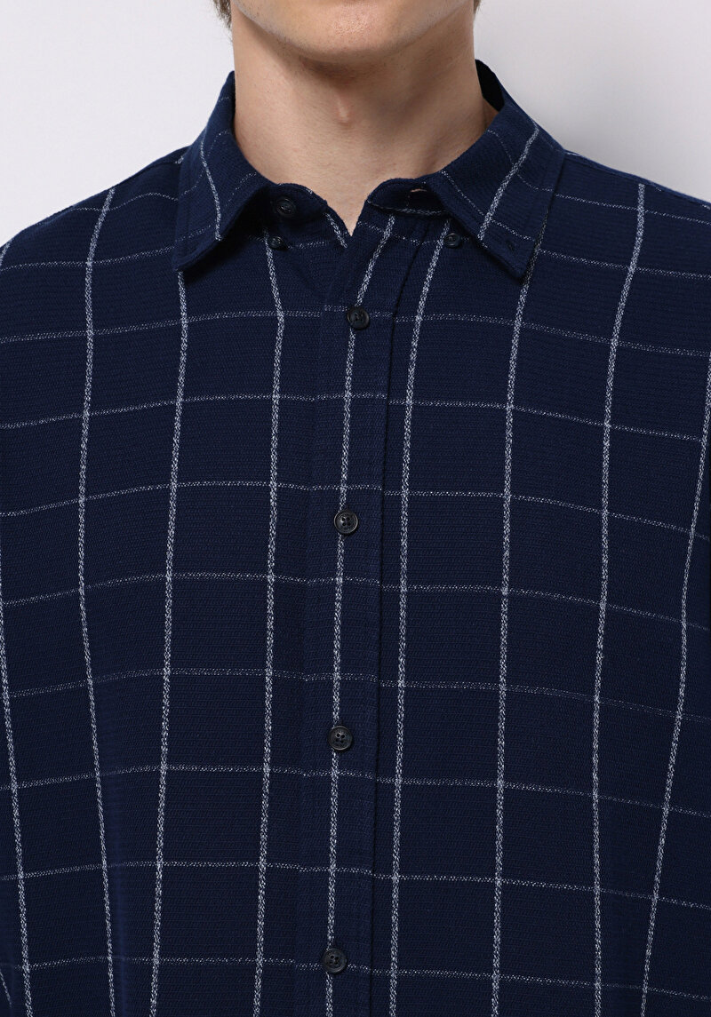 Regular Fit Shirt Neck Kareli Erkek Lacivert Uzun Kol Gömlek
