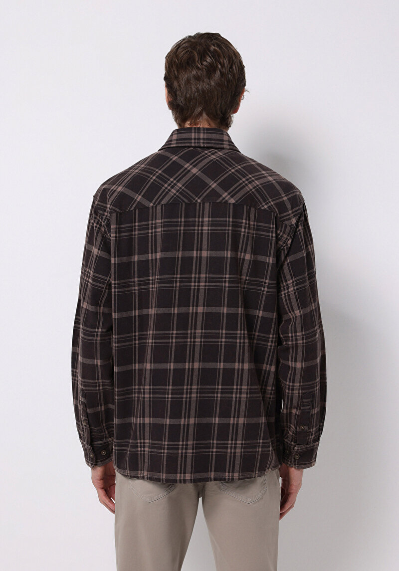 Comfort Fit Shirt Neck Ekoseli Erkek Kahverengi Uzun Kol Gömlek